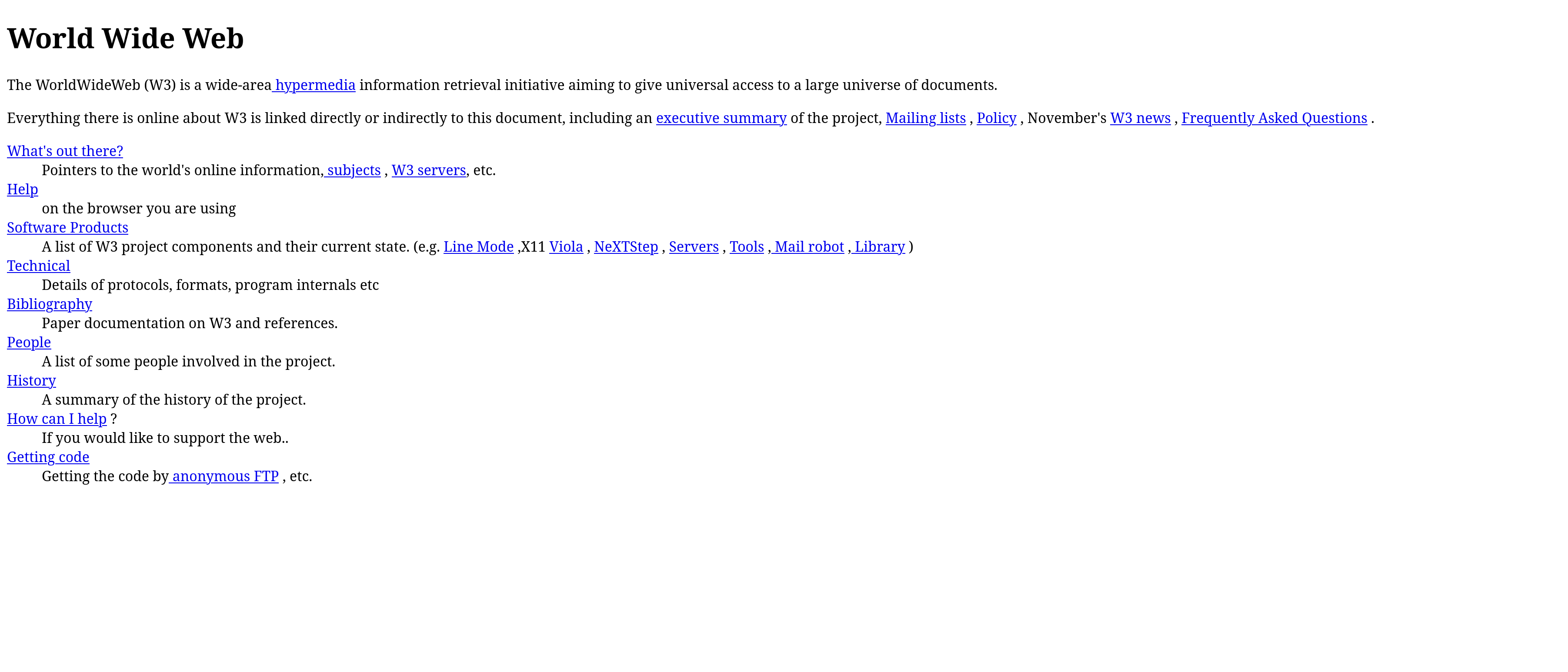 Capture d'écran de la première page web créée par Tim Berners-Lee.